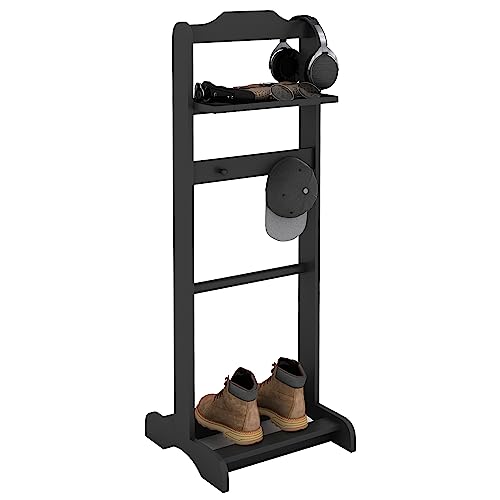 RELAHOGAR Men's Valet Stand, Black Wooden Clothes Stand with Tray, Freestanding Garment Rack Organizer for Enterway, Office, Bedroom