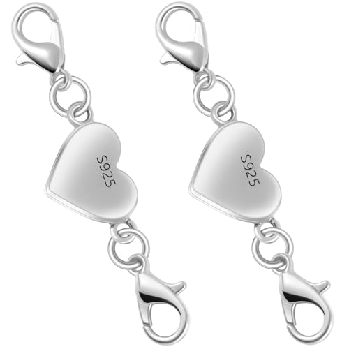 925 Silver Heart-Shaped Magnetic Necklace Clasps and Closures, Magnetic Clasp Converter for Jewelry Making Supplies,Chain Extender Connector for Necklace Bracelet (2pcs Silver)