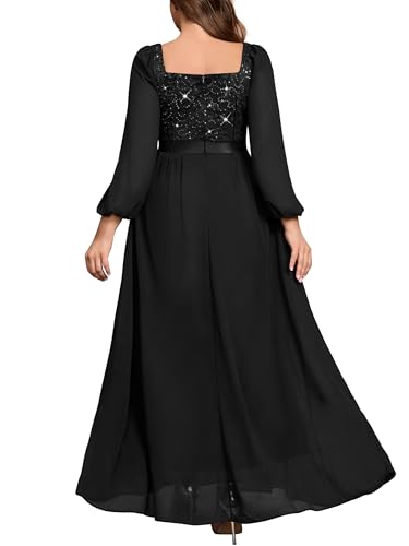 Image of MISSMAY Women's Plus Size Sequin Lace Square V Neck Sheer Long Sleeves Formal Evening Chiffon Long Dress