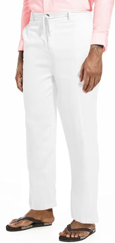 Mens Drawstring Linen Pants Casual Elastic Waist Straight Loose Trousers2