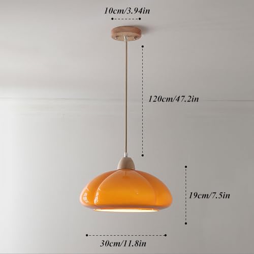 Lustre réglable en hauteur verre orange et bois noble - 5