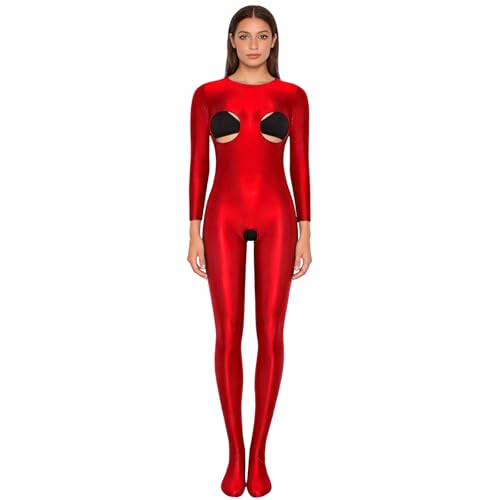 Image of Raenseen Women Full Body Stockings Elastic Tights Ultra Thin Glossy Pantyhose Hollow Out Oily Silk Clubwear Burgundy XL