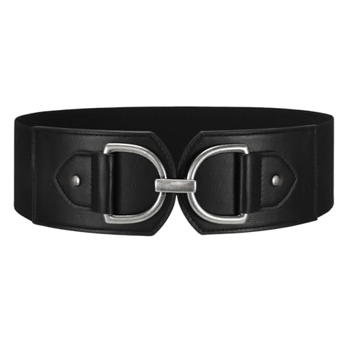 WERFORU Women Elastic Wide Waist Belts for Dresses Fashion Wide Stretchy Belts for Women Big Gold Buckle Thick Dress Belt, Black-silver buckle, M: Fit Waist Size 32"-35"