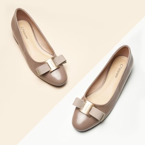 C.Paravano Women's Ballet Flats with Round Toe | Bow & Metallic Buckle | Soft Leather Slip-Ons for Work Commute, Office & Date Nights | Dress Shoes for Brunch, Shopping & Errands(7.5,Milk Tea)2