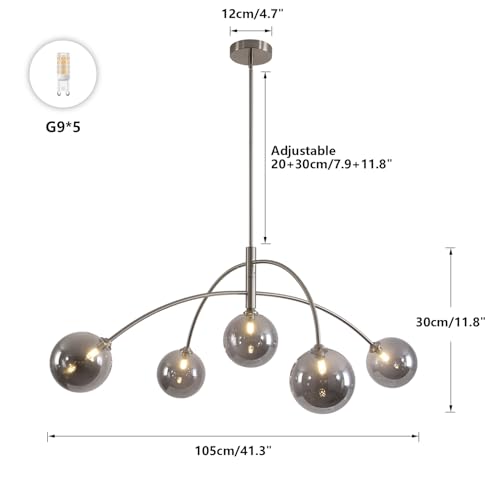 Image of Modern Silver Chandelier 5 Light Smoke Gray Semi Flush Mount Chandelier Vintage Industrial Ceiling Light for Dining Room Kitchen Bedroom Hallway