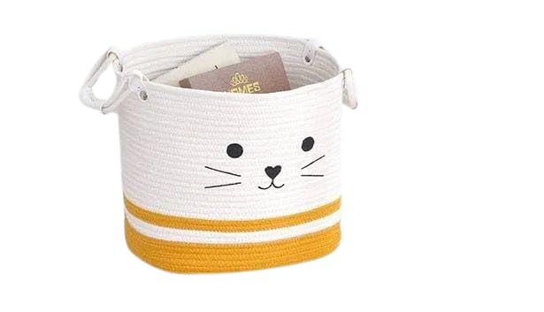 DOLCE CASA Kids Lid Basket With Beautiful Characters - Rope Storage Basket For Baby Diaper, Stuffed Animal Storage Bin Rope Basket For Kids Toy, Baby Laundry Baskets with Lid. (Yellow Cat)