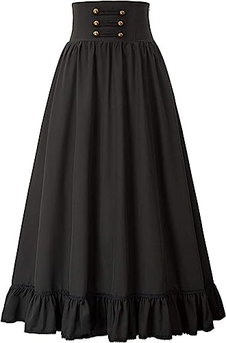 HappyPeach Victorian Gothic Long Skirt, Black Ruffled Maxi, High-Waisted with Decorative Buttons, Corset Style Lacing (UK, Alpha, XL, Regular, Regular, Black)