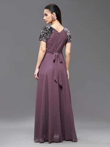 Image of Miss Chase Women's Round Neck Sleeve Embellished Fit Flare Maxi Dress