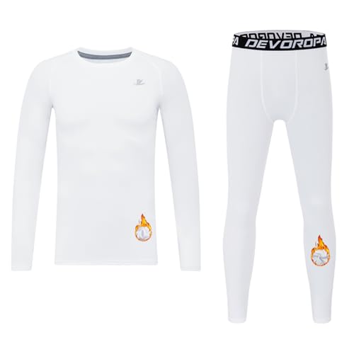 DEVOROPA Youth Boys Fleece Lined Compression Shirts & Pants Kids Girls Thermal Underwear Set Athletic Tops Leggings Baselayer White S