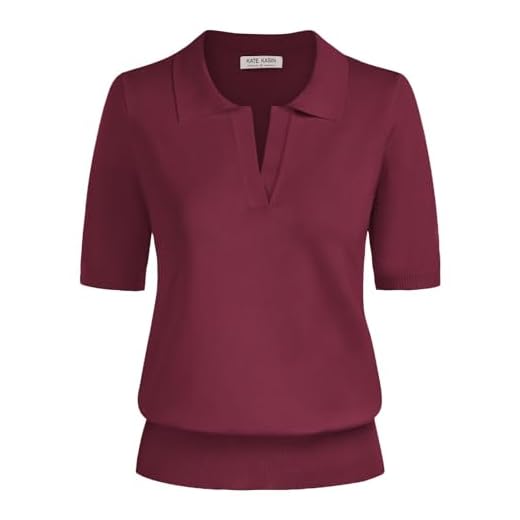 Kate Kasin Women Short Sleeve Polo Sweater Tops Lightweight Summer V Neck Soft Knit Pullover Shirt Burgundy L