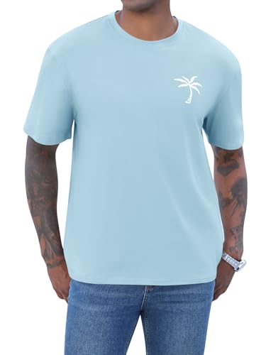 iudam Mens Short Sleeve T-Shirt Graphic Loose Fit Tee Crew Neck Palm Tree Summer Shirts (Light Blue,L) - Image 3