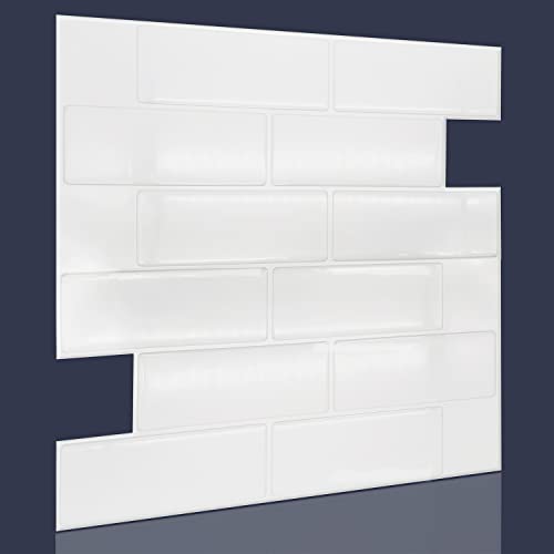 Walplus 12 Sheets 12" X 6" Premium Brilliant White Subway Glossy 3D Tile Stickers Peel And Stick Kitchen Backsplash Stick On Subway Mosaics Tile Water Heat Resistant Bathroom Kitchen Decor #TOP2