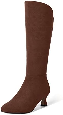 AMBELIGHT Women's Mid Calf Dating 2 Inch Low Heel Zip Kitten Pointed Toe Dress Boots Dress Suede Boots Caramel Brown Size 8 - Zapatos de Tacon para Mujer