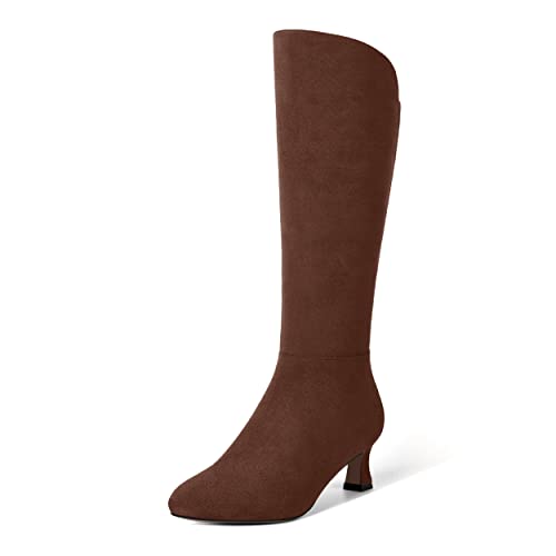 Ambelight Women's Mid Calf Dating 2 Inch Low Heel Zip Kitten Pointed Toe Dress Boots Dress Suede Boots Caramel Brown Size 8 - Zapatos De Tacon Para Mujer #TOP1