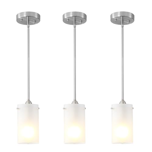Eidonta Mini Pendant Light Fixture 1-Light, 3 Pack Brushed Nickel Hanging Ceiling Lights with Opal White Glass, Adjustable Height, Modern Hanging Pendant Lamp for Kitchen Island