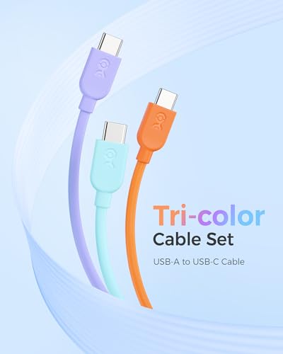 Image of Cable Matters 3-Pack Extreme Flexible USB A to USB C Cable 6ft with 3A Fast Charging (USB to USB C Charging Cable) in Orange, Blue, and Purple, for iPhone 15 /15 Pro /15 Plus /15 Pro Max, Galaxy S23