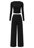 KIRUNDO Women 2 Piece Loungewear Set Lightweight Soft Long Sleeve Crop Top Wide Leg Palazzo Pants Casual Travel Outfit, Black, Medium