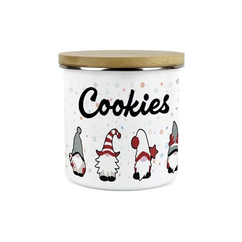 Purely Home Christmas Gonks Cookies Storage Canister - Festive Xmas Gnome Character Biscuits Cookie Jar - White Metal Enamel Food Storage Container Pot Present