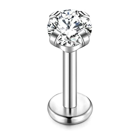 JIESIBAO 925 Sterling Silver Lip Bar Labret Stud 16G Flat Back Tragus Helix Cartilage Earring Piercing CZ Cover