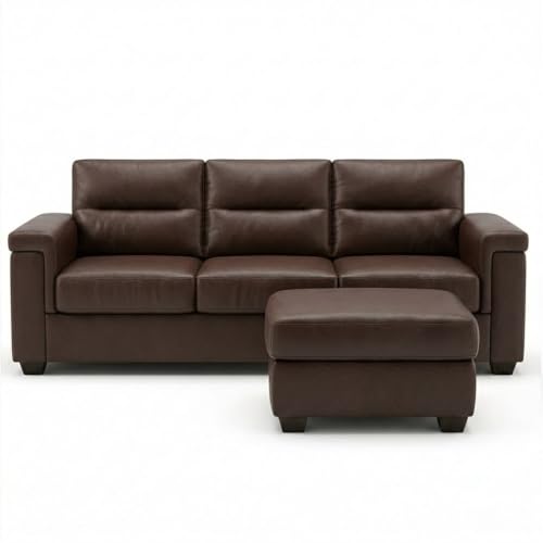 Image of FURNY Parker 3 Seater Sofa Set with Ottoman | Premium Suede Velvet Fabric Finish | Durable Comfort Sofa for Modern Living Room & Office Spaces (Dark Brown Leatherette)