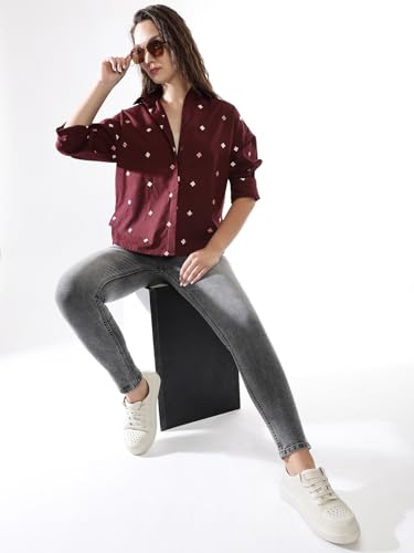 Image of High Star Women Embroidered Oversized Spread Collar Long Sleeves Shirts