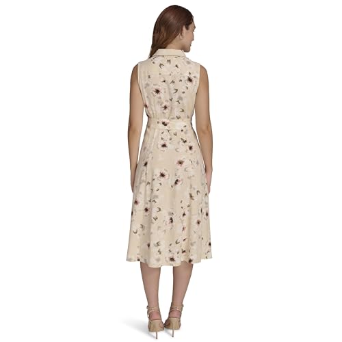 Image of Tommy Hilfiger Women's Sleeveless Collared Button Front Tie Waist Midi Shirt Dress