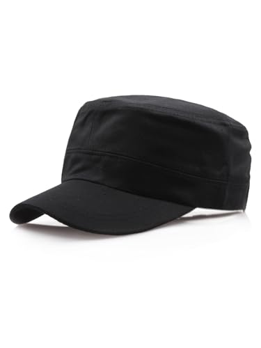 Image of Washed Cotton Basic Cadet Army Cap Everyday Military Style Hat Vintage Flat Top Cap Black