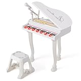 KOMFOTTEU Piano Infantil de 37 Teclas, Piano para Niños con Micrófono y Taburet, Teclado para Niños, Piano Electrónico con 8 Efectos de Percusión y 8 Estilos de Acompañamiento (Blanco)
