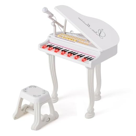 KOMFOTTEU Piano Infantil de 37 Teclas, Piano para Niños con Micrófono y Taburet, Teclado para Niños, Piano Electrónico con 8 Efectos de Percusión y 8 Estilos de Acompañamiento (Blanco)