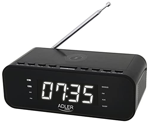 ADLER AD 1192B Radiowecker mit kabellosem Ladegerät Bluetooth 5.0 UKW-Radio 30 Sender Speicher Digitaler Wecker AUX-Eingang Snooze-Funktion Teleskopantenne (Schwarz)