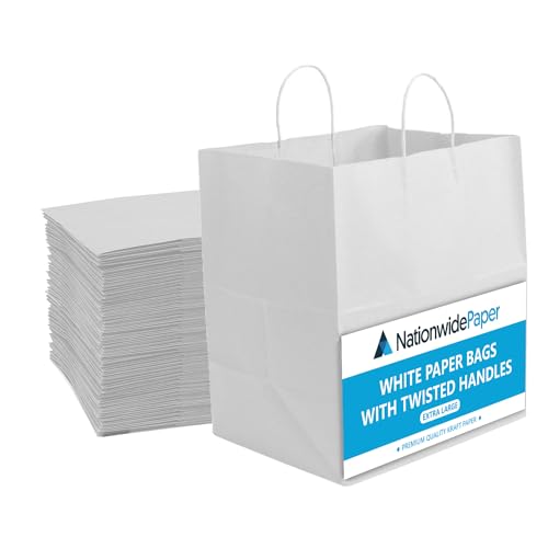 NationwidePaper 50 Pcs Extra Large White Paper Bags with Strong Twisted Handles Perfect for Grocery, Sweets, Food, Merchandise, and Retail (32x22x28cm)