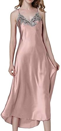 ASHER FASHION 2 Piece Women Satin Nightgowns and Robe Set Sexy Lace Silk Slip Dress Long Chemise Nightdress Sleepwear