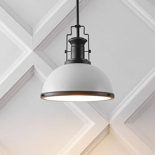 Image of JONATHAN Y Homer Industrial Dome Pendant 13 inch, White /Matte Black | 1-Light, Farmhouse Style, Adjustable Hanging Height, Glass Diffuser, Sloped Ceiling Compatible, Metal, LED Bulb Included