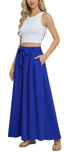 Askyes Skirts for Women Trendy Summer Long Skirts for Women Boho Casual Tie Knot Maxi Skirts with Pockets,Royal Blue,L