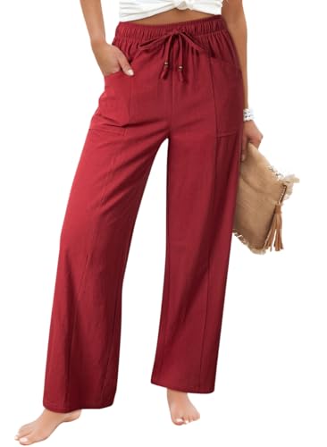 Acelitt Womens Cotton Linen Palazzo Pants Drawstring Elastic Waist Casual Wide Leg Trousers with Pockets3