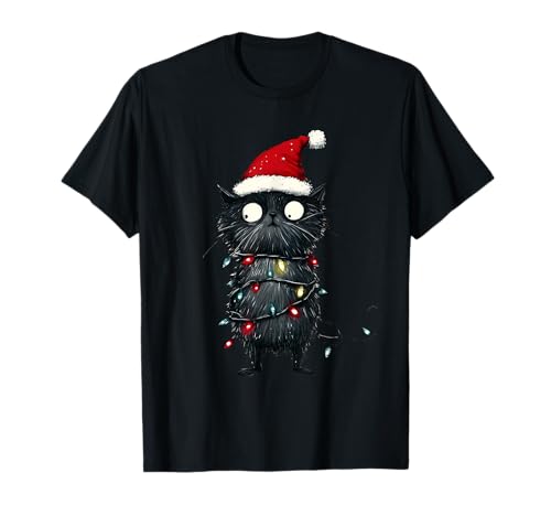 Funny Cat Lover Santa Cat Christmas Tree Light Chain Camiseta