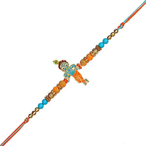 Image of eCraftIndia Multicolor Designer Lord Krishna Kids Rakhis, Best Bro Ever Fridge Magnet with Roli Chawal Pack - Rakhi for Brother, Bhaiya, Bhai