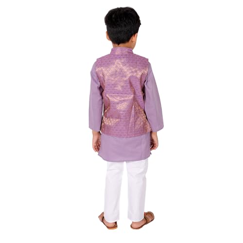 Image of Superminis Boy's Cottton Kurta Cotton Brocade Printed With Golden Thread Work Nehru Jacket and Elastic Closure Pyjama Set