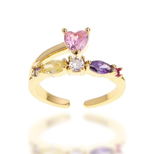 Sonateomber Gold Pink Heart Adjustable Statement Love Ring for Women Trendy Cute Purple CZ Open Stackable Ring Prom Wedding Jewelry Gift