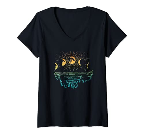 Mujer Fases de luna luna sobre el lago senderismo Camiseta Cuello V