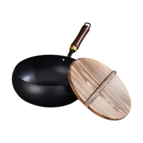 Nonstick Wok with Wood Lid Flat Bottom Cookware 9.45'' Stir Fry Pan for Home