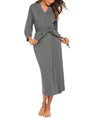 MAXMODA Women Long Kimono Bathrobe Lounge Spa Bath Robes Hotel Long Sleepwear Loungewear(Dark Gray,L)