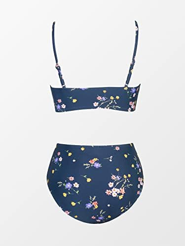 CUPSHE Women's Bikini Set Crossover Bustier High Waist Bikini Swimwear Elegant Two Piece Swimsuit, Navy/Flowers, Medium - 4