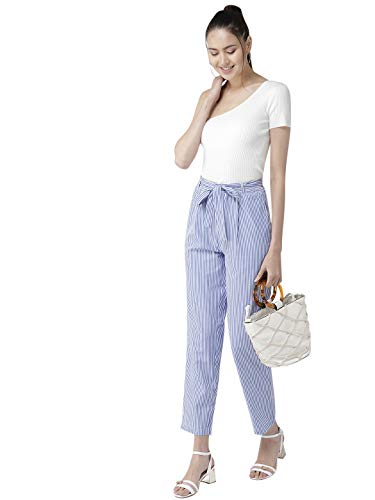 Image of Style Quotient Women Blue & White Original Tapered Fit Striped Cropped Trousers