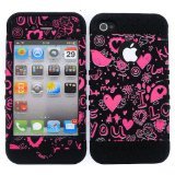 BUMPER CASE FOR IPHONE 4 4S SOFT BLACK SKIN PINK HEARTS ON BLACK COVER