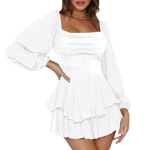 Weißes Kleid, Piratenkostüm Damen Off Shoulder Strampler Weiß Kleid Langarm Jumpsuit Shorts Minikleid Boho Overalls Playsuit Halloween Kostüm Renaissance Korsettkleid, L
