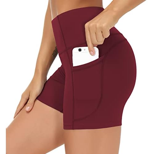 THE GYM PEOPLE High Waist Yoga Shorts for Women's Tummy Control Fitness Athletic Workout Running Shorts with Deep Pockets X-Large Wine Red