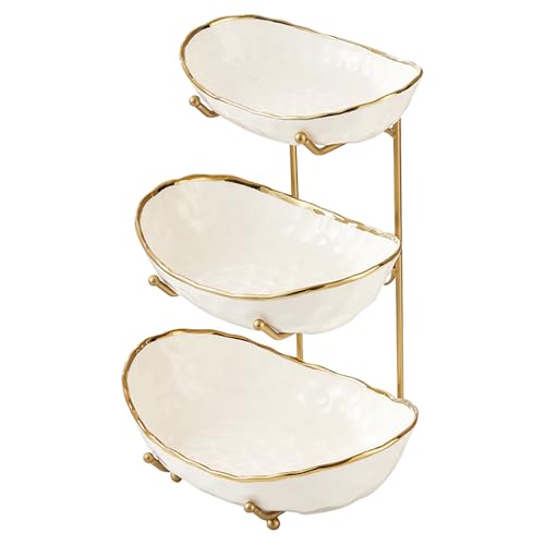 MEIGLQEA White Fruit Bowl with Gold Metal Stand 3 Tier Modern Ceramic Fruit Bowl Fruit Rack for Kitchen Counter Tiered Fruit Basket for Snacks Bread Candy Storage (White 3 Tier)