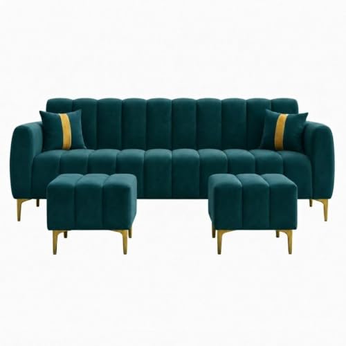 Image of Harmonica 3 Seater Modular L Shape Sofa Set with 2 Ottoman| Soft Velvet Upholstery, Sturdy Wooden Frame | Modern Sofa for Living Room, Hall & Office Spaces (Greenish Teal)
