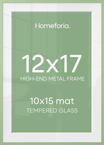 Image of Homeforia 12x17 Picture Frame Sage Green, High End Metal 12x17 Poster Frames with Mat 10x15 Photo, 12 x 17 Sage Green Frame Matted to 10 by 15 Art, 17x12 Thin Frame, Tempered Glass, Wall Kit, Set of 1